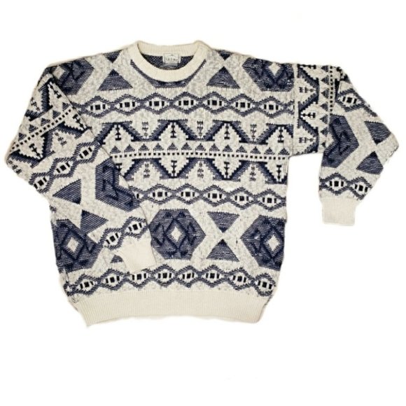 Vintage Blue and White Geometric Sweater - Picture 3 of 16